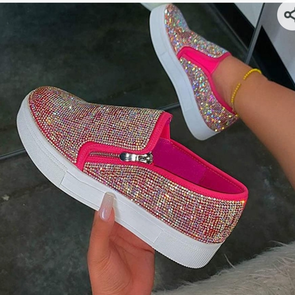 WOMENS PINK RHINESTONE GLITTER SLIP ON SHOE